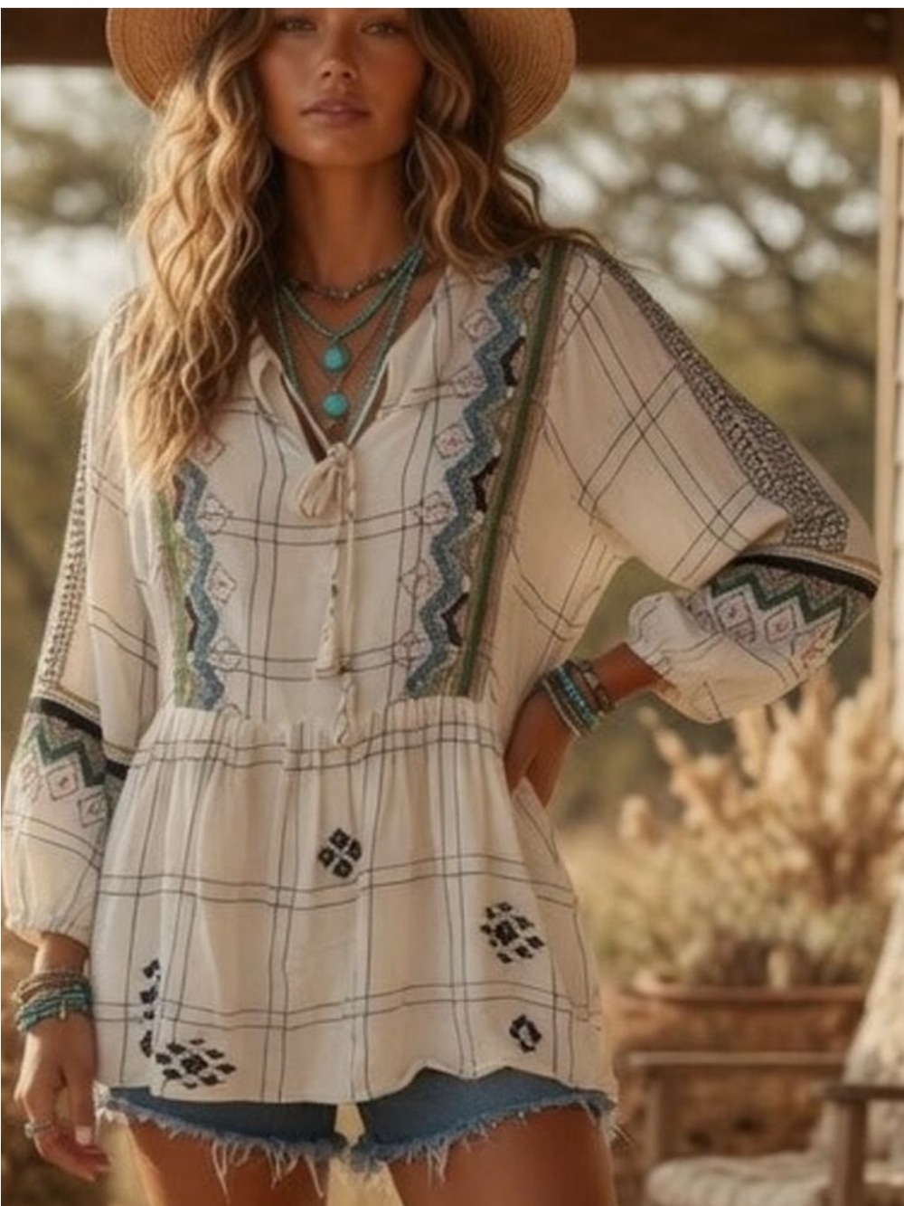 Anthropologie Vineet Bahl Cream 3/4 Sleeve Embroidered Peasant Tunic top NWOT